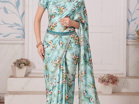 NOZ2TOZ Women s Satin Silk Light Blue Embellished Designer Saree With Blouse Piece Hot on Sale