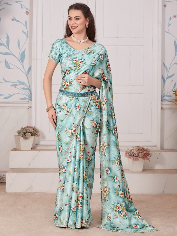 NOZ2TOZ Women s Satin Silk Light Blue Embellished Designer Saree With Blouse Piece Hot on Sale