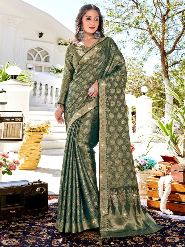 NOZ2TOZ Women s Pure Silk Green Woven Design Designer Saree With Blouse Piece Cheap