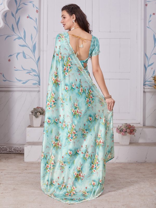 NOZ2TOZ Women s Satin Silk Light Blue Embellished Designer Saree With Blouse Piece Hot on Sale