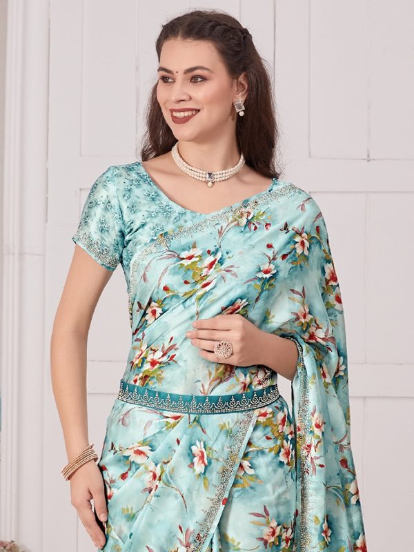 NOZ2TOZ Women s Satin Silk Light Blue Embellished Designer Saree With Blouse Piece Hot on Sale