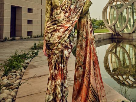 NOZ2TOZ Women s Satin Silk Olive Printed Designer Saree With Blouse Piece Online now