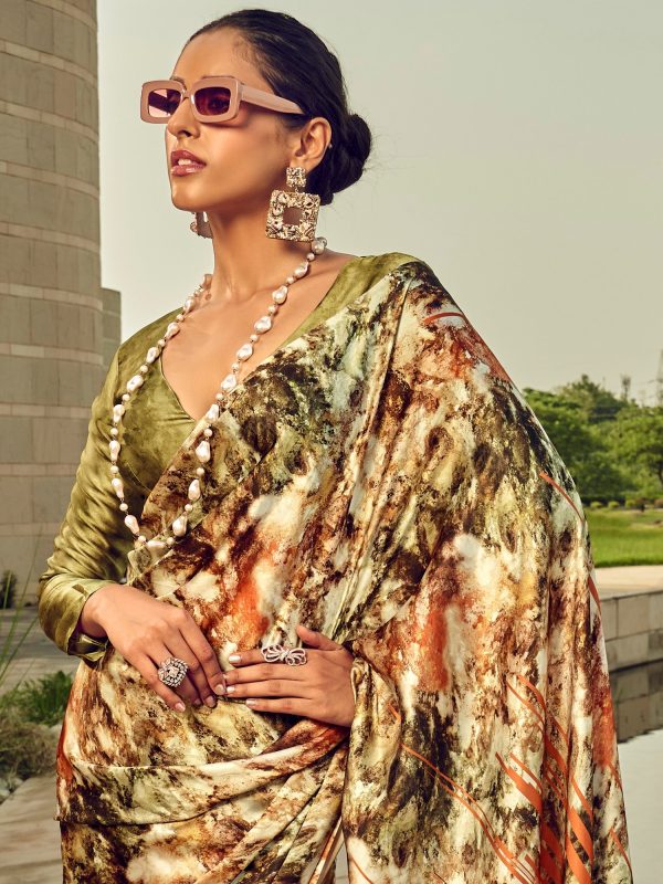 NOZ2TOZ Women s Satin Silk Olive Printed Designer Saree With Blouse Piece Online now