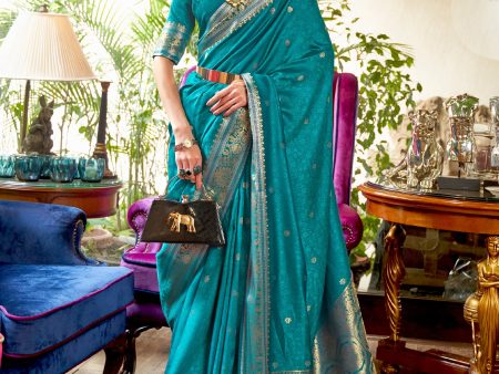 NOZ2TOZ Women s Silk Blend Teal blue Woven Design Handloom Saree With Blouse Piece For Sale