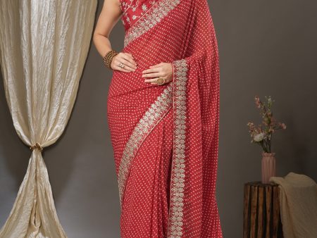 NOZ2TOZ Women s Georgette Red Zari Embroidered Designer Saree With Blouse Piece Online now