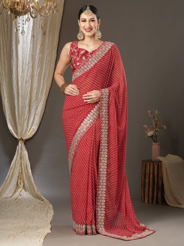 NOZ2TOZ Women s Georgette Red Zari Embroidered Designer Saree With Blouse Piece Online now